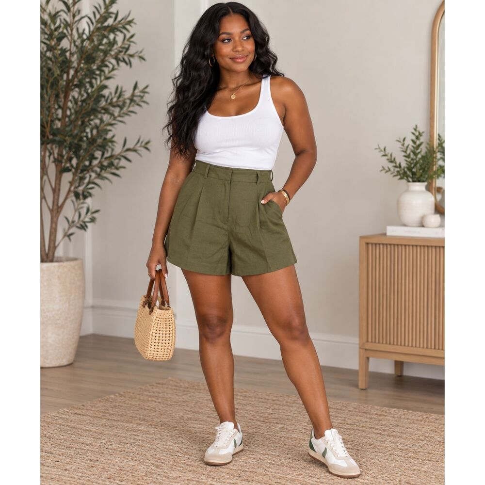 Zara Olive Green Pleated High Rise Shorts Tailored NWT Size M